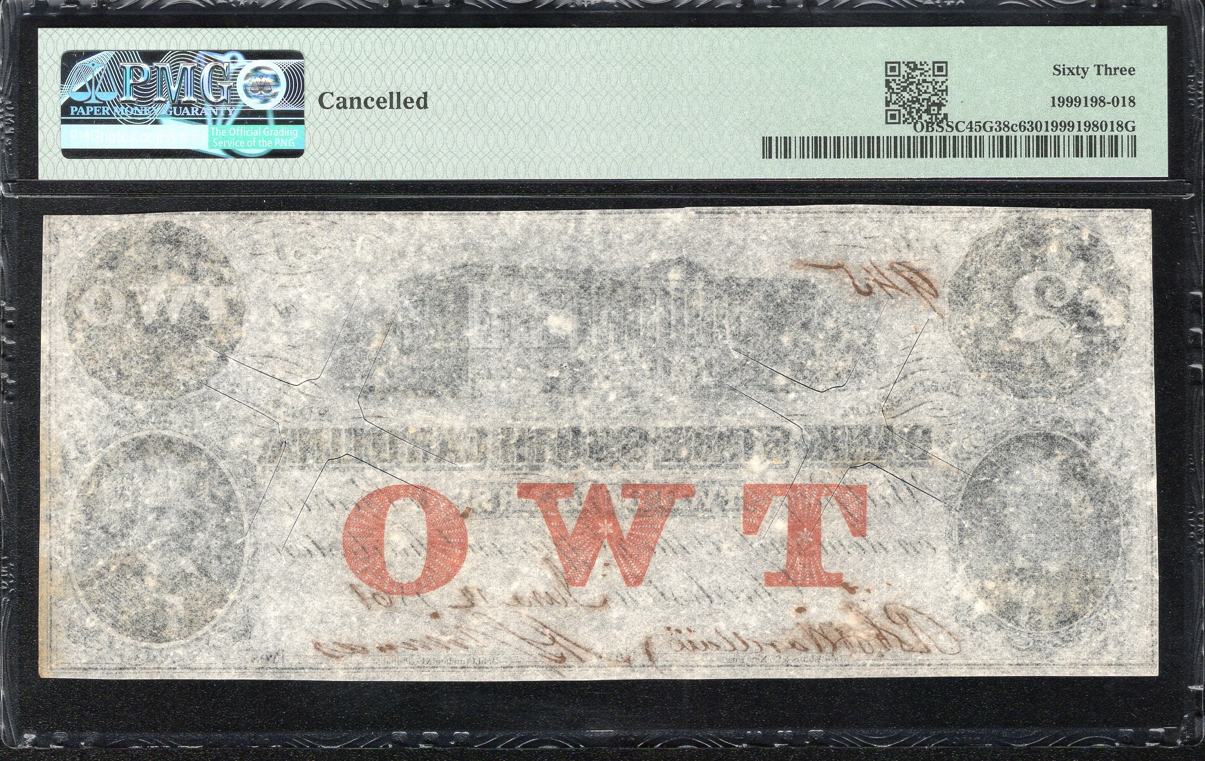 1860's $2 CHARLESTON, SC OBSOLETE BANK NOTE PMG 63  945
